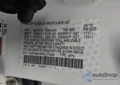 2016 Honda Cr-V Ex from USA, damaged, VIN 5J6RM4H55GL075282